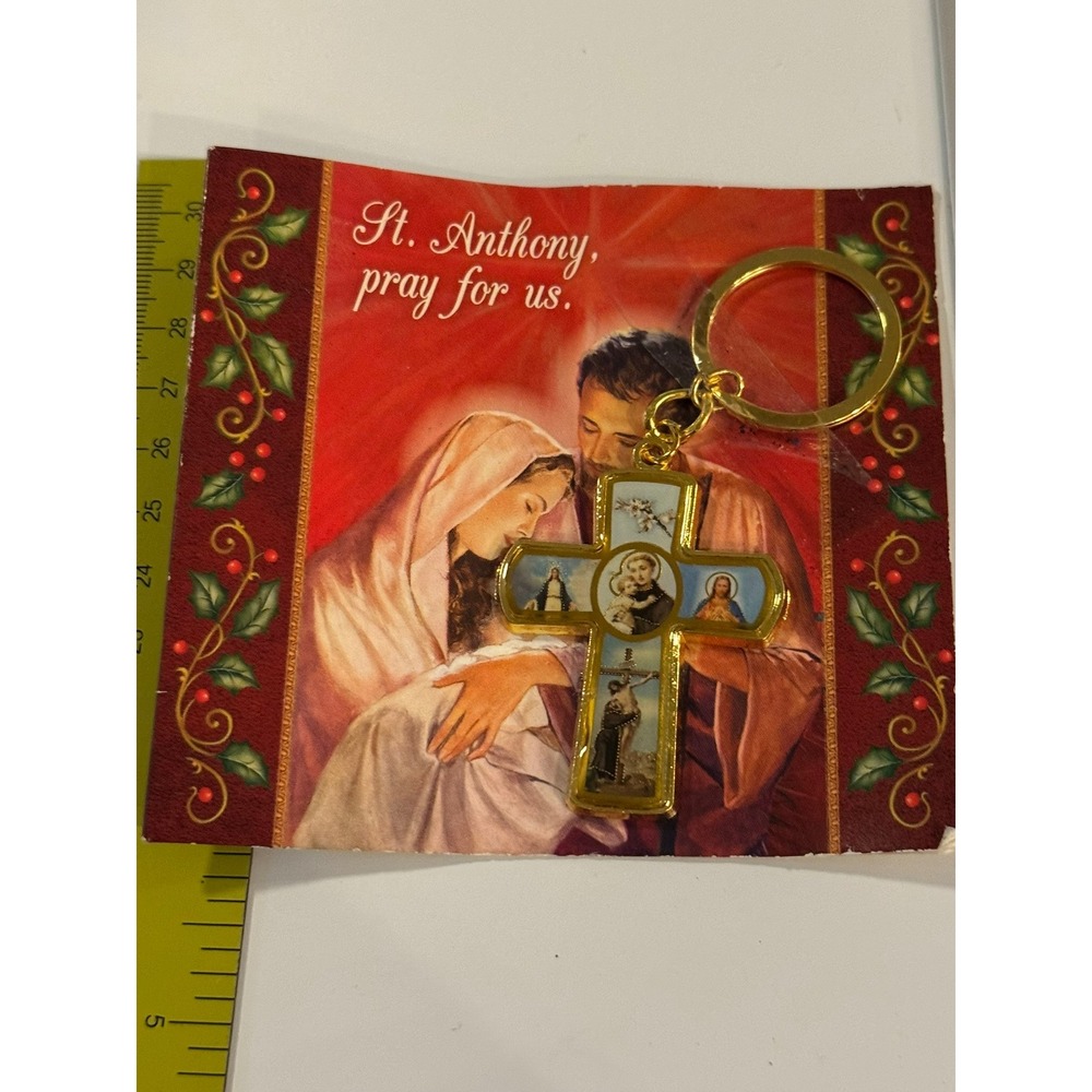 Companions of St Anthony Gold Tone Cross Keychain with Prayer Card Booklet